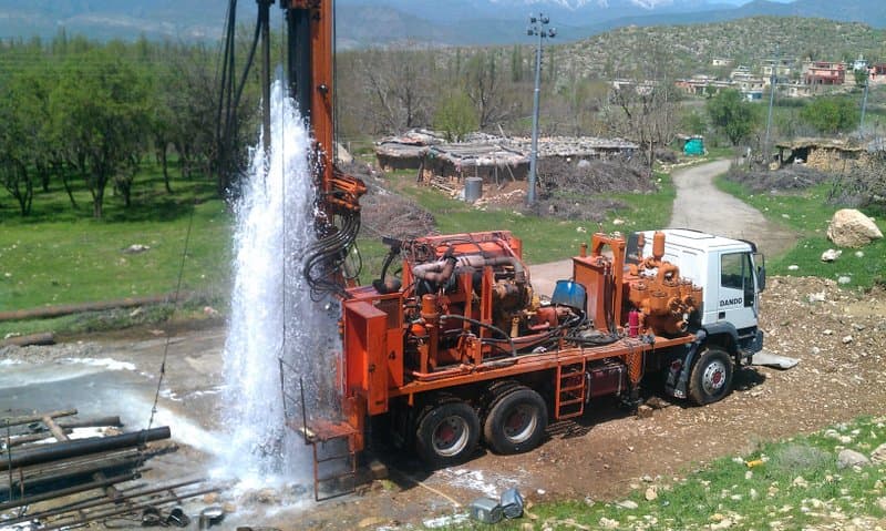 Borehole drilling photograph used as the homepage background.